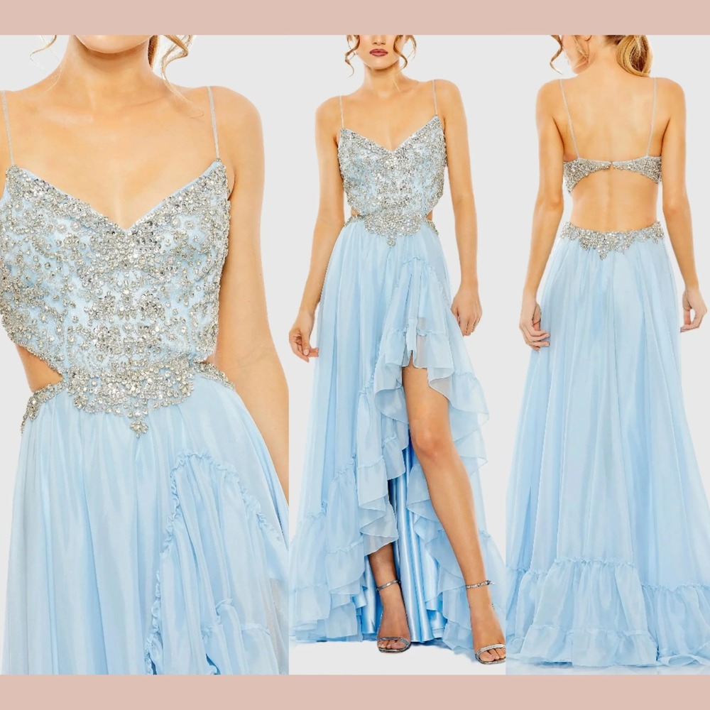 NWT Mac Duggal [ 12 ] 2212 Embellished Cut Out Open Back High Low Gown Blu J1683